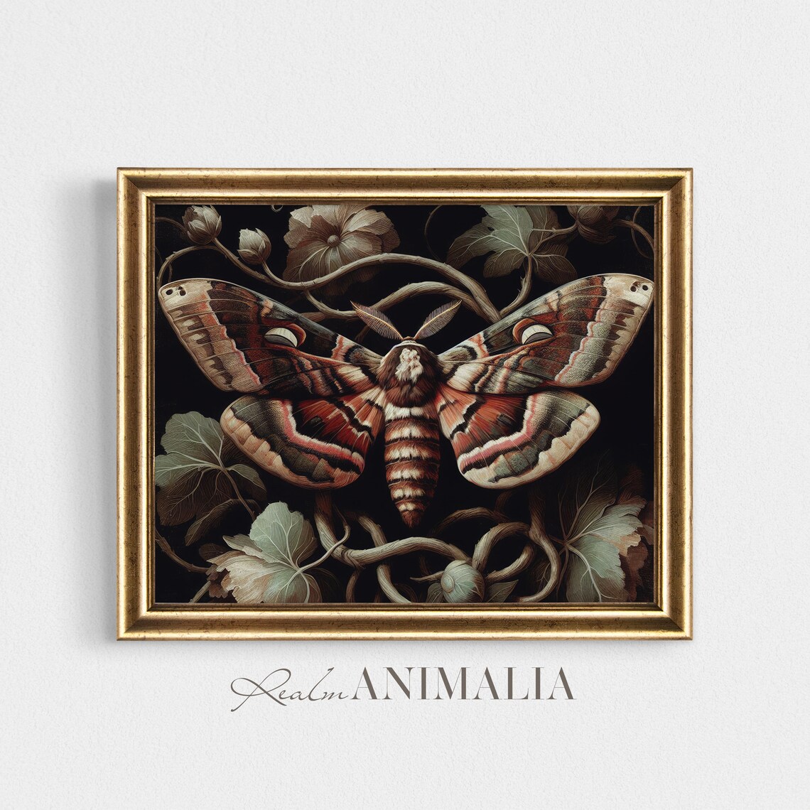 Large Moth Vintage Oil Painting Moody Botanical Vines Crescent Wings Wall Poster - Image 2