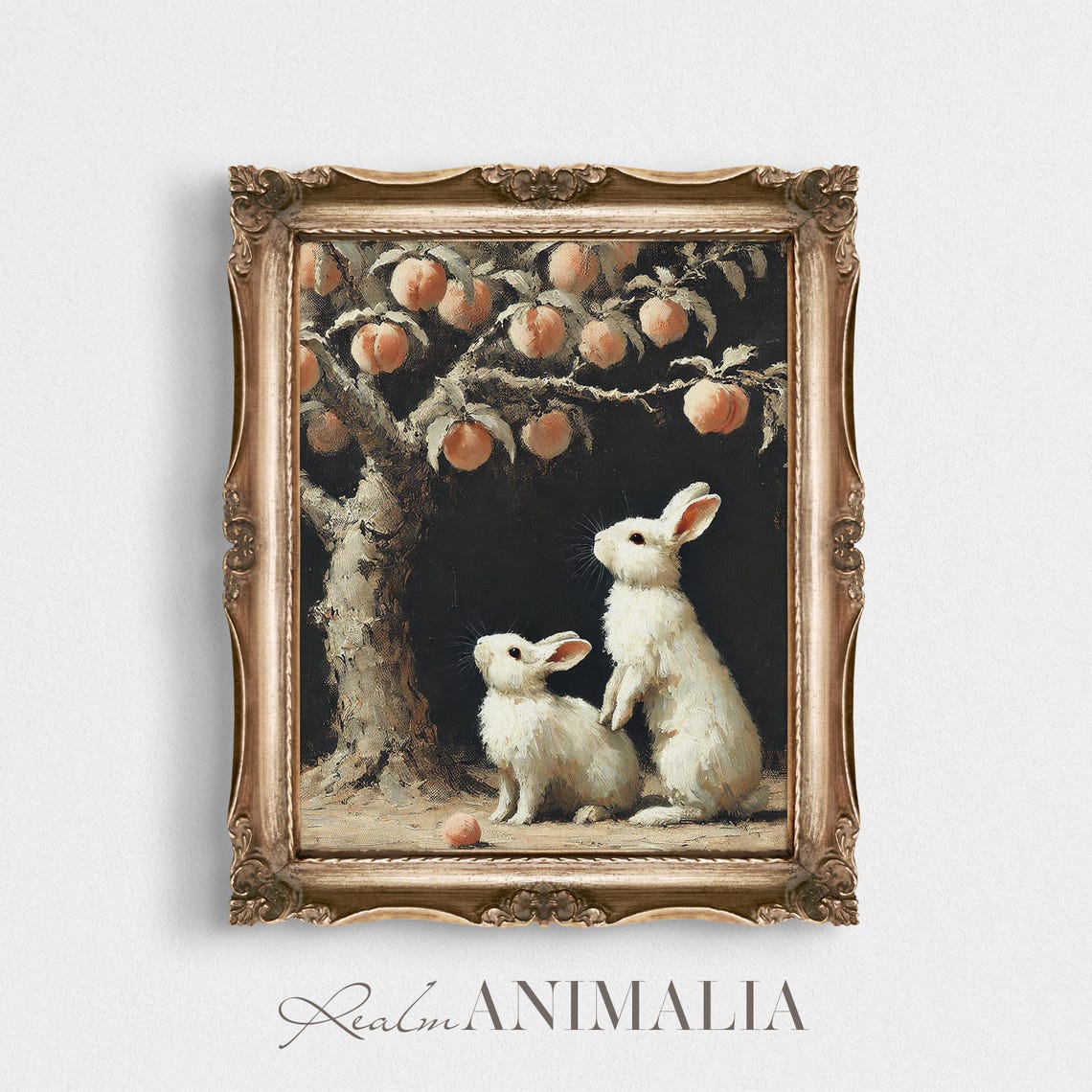 Two White Bunnies Under Peach Tree Dark Moody Vintage Painting Poster - Image 4