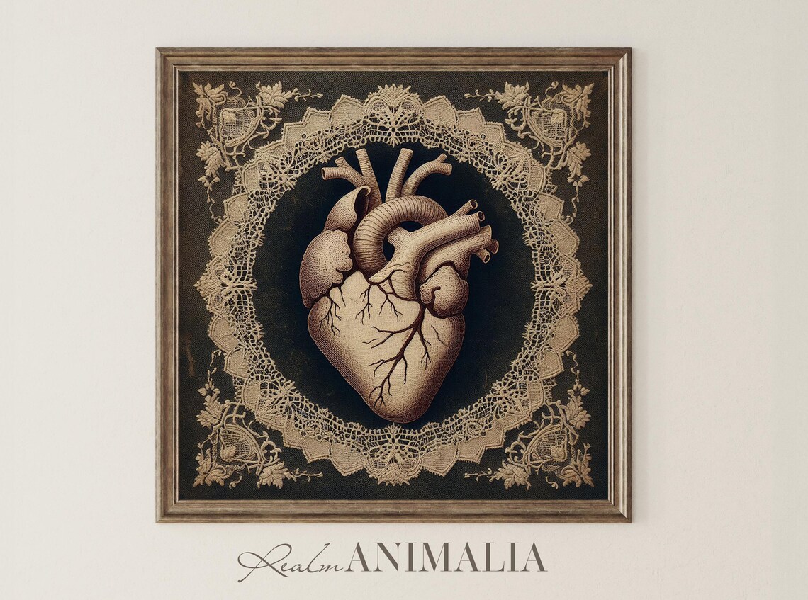 Anatomical Human Heart Vintage Textile Art Print