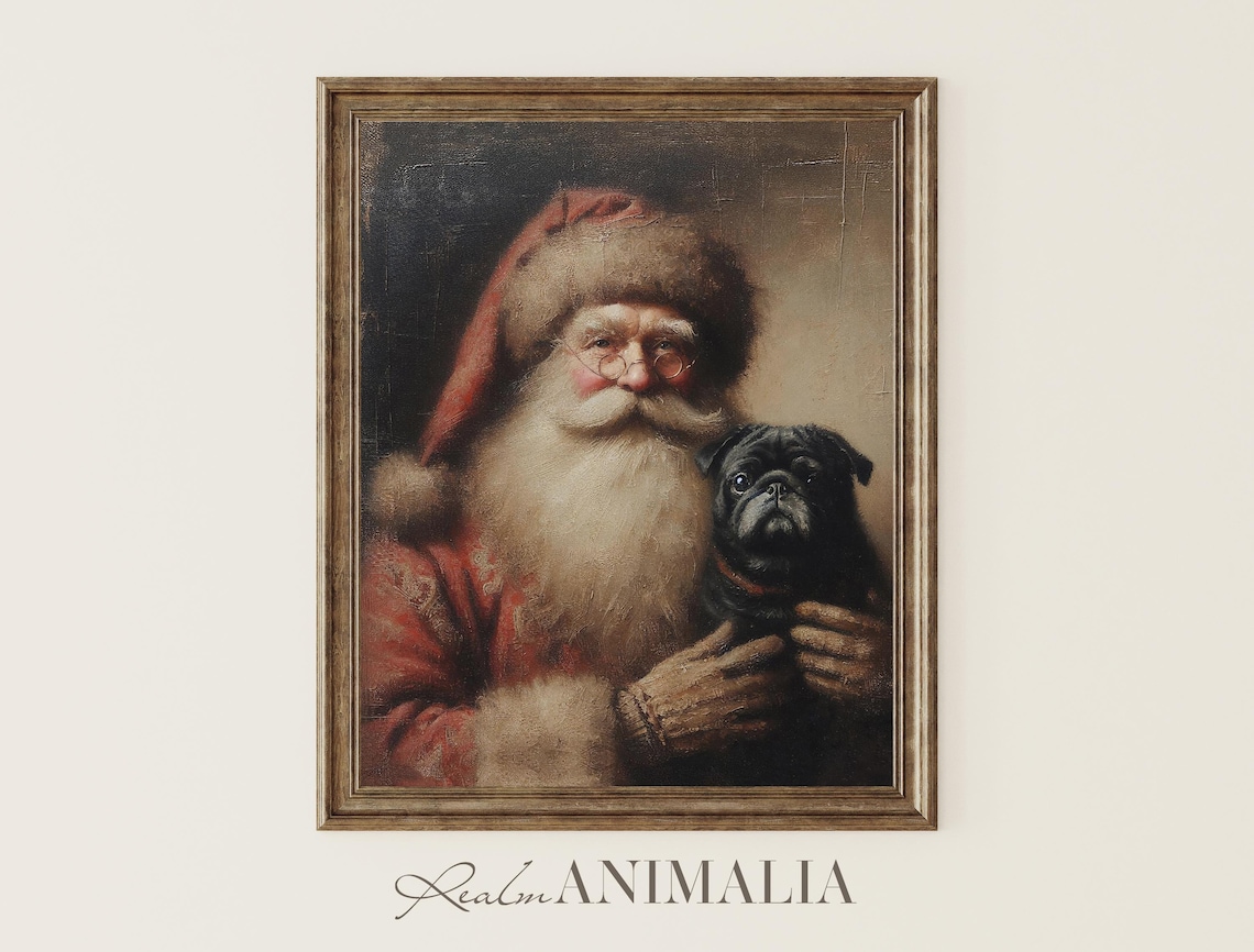 Vintage Santa Claus Holding Black Pug Dog Moody Christmas Poster