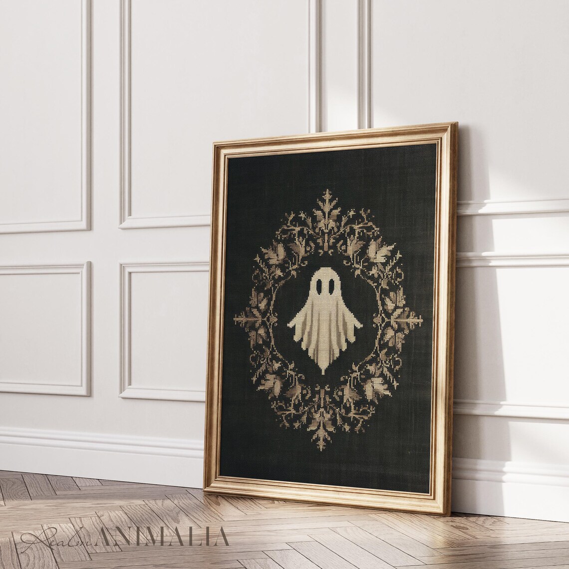 Ghost In Leafy Wreath Medallion Dark Botanical Tapestry Art Print - Image 2