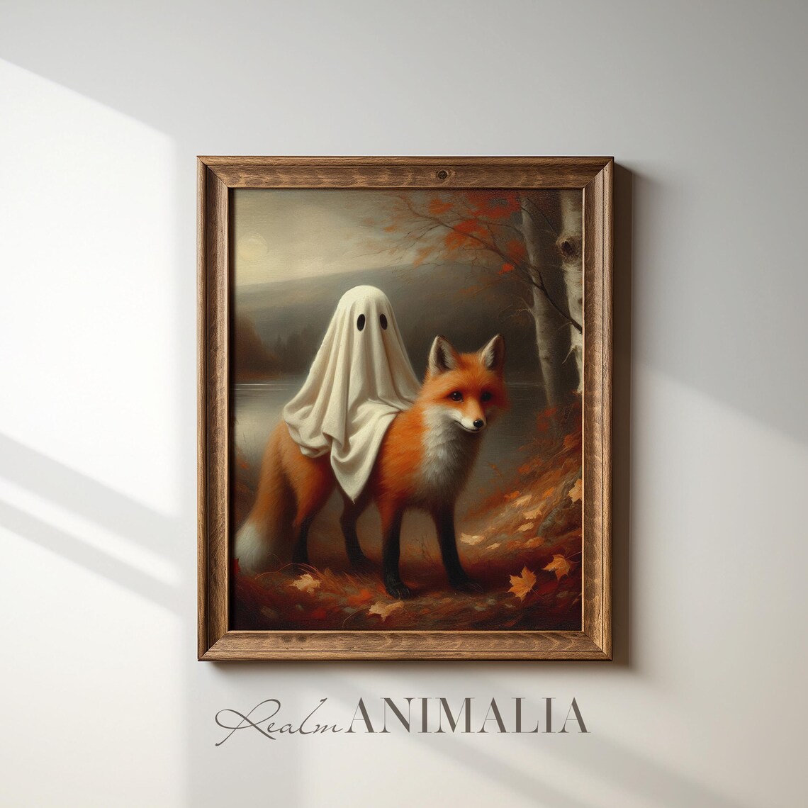 Little Ghost Riding Fox By Lake At Dusk Autumn Birch Halloween Art Poster - Image 2