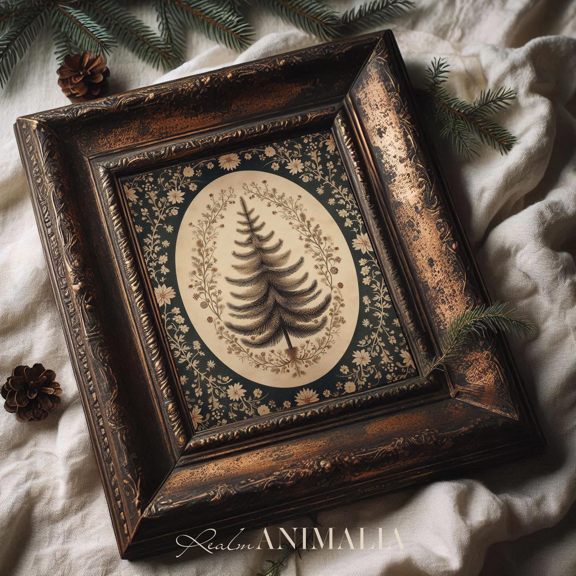 Vintage Christmas Tree Botanical On Black Gold Floral Wall Art - Image 3