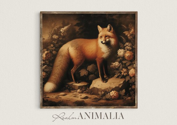 Red Fox Vintage Art Print Wildlife Animal Wall Art Moody Botanical Woodland Fox Square Painting Cottagecore Decor Prints Fx004