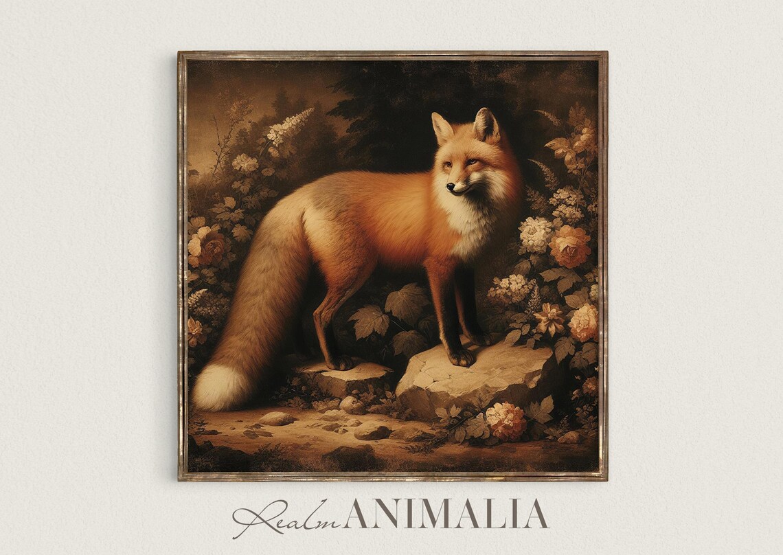 Red Fox Vintage Oil Painting Botanical Woodland Rustic Wildlife Square Poster