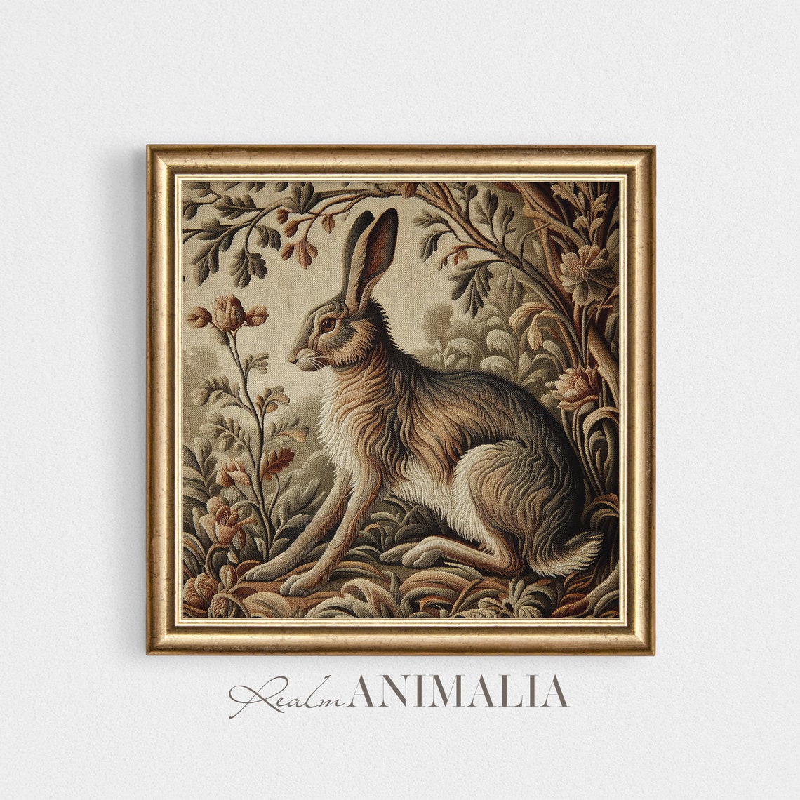 Seated Hare In Vintage Botanical Tapestry Embroidered Poster - Image 3
