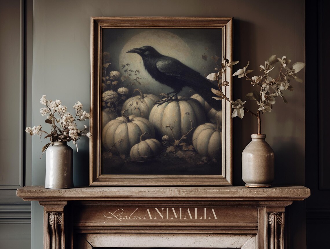 Crow In Pumpkin Patch Vintage Halloween Art Print - Image 3