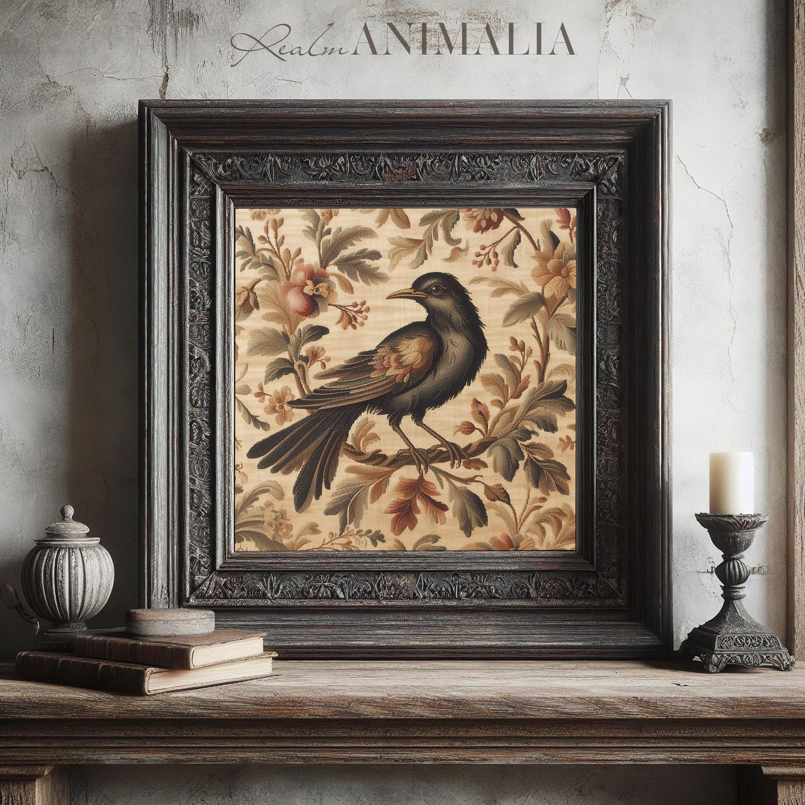 Blackbird On Branch Vintage Botanical Tapestry Floral Poster - Image 3