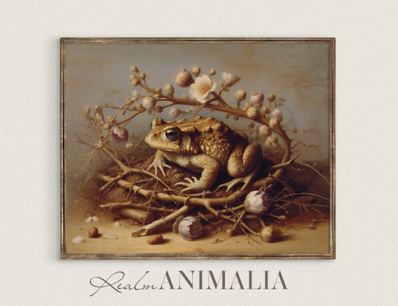 Toad In Floral Nest Print Animal Wall Art Vintage Nature Painting Cottagecore Amphibian Art Cute Nursery Art Decor Td010
