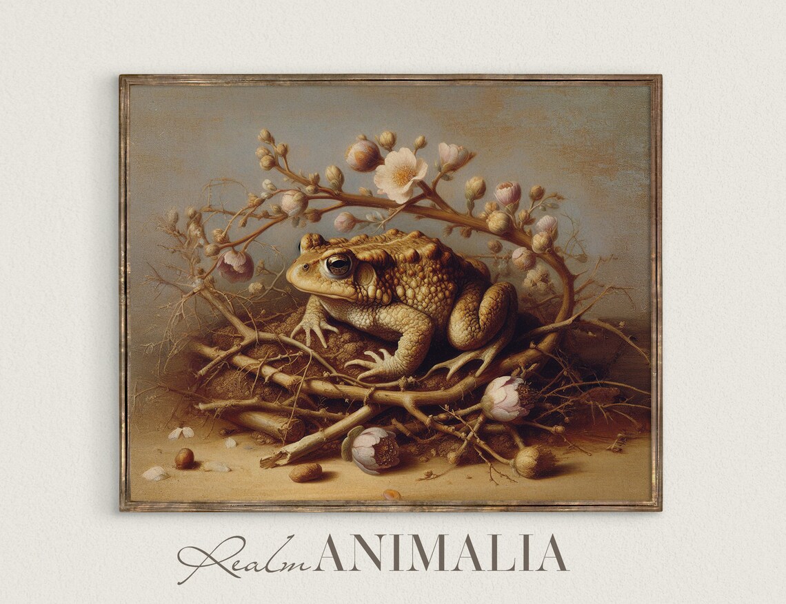Toad Resting In Floral Nest Vintage Neutral Amphibian Wall Art Print
