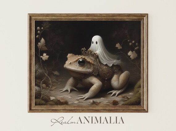 Little Ghost Riding On Toad Art Print Halloween Wall Art Whimsical Ghost Painting Moody Fall Cottagecore Art Prints Gh146