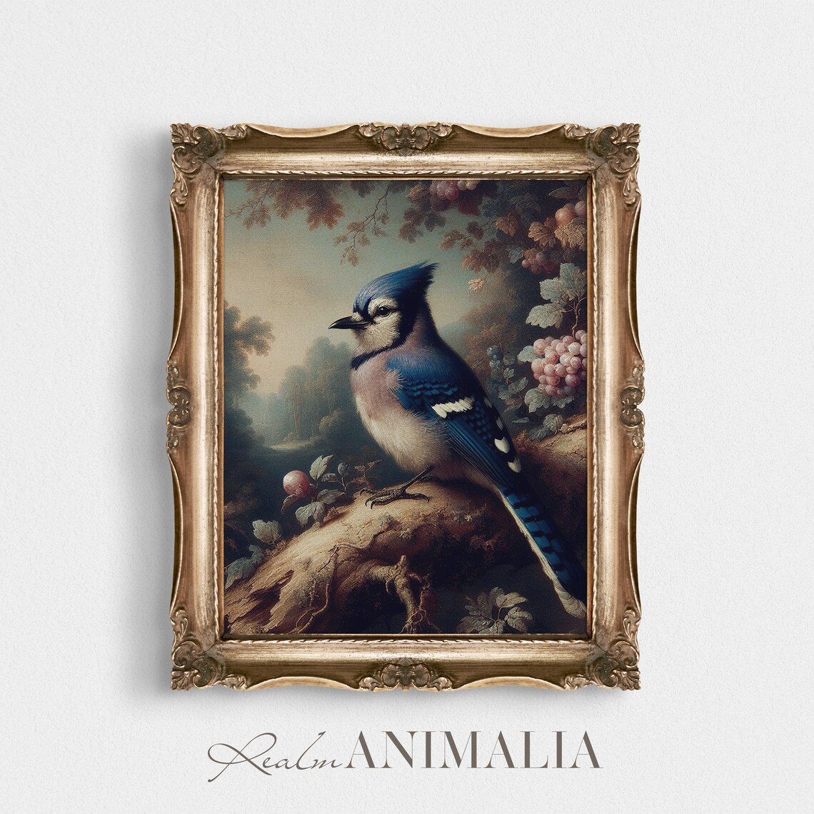 Vintage Blue Jay Perched On Rock Among Berries Moody Songbird Art Poster - Image 2