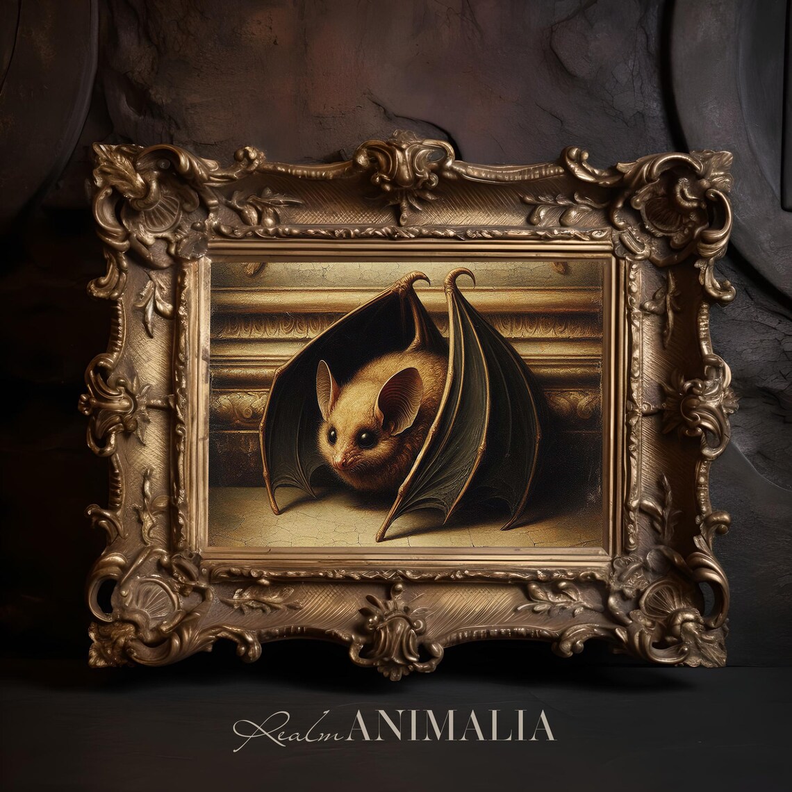 Bat Vintage Oil Painting Folded Wings Old Plaster Moody Animal Portrait Print - Image 3