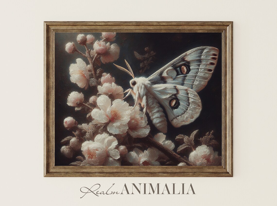 White Moth Print, Moody Vintage Insect Wall Art