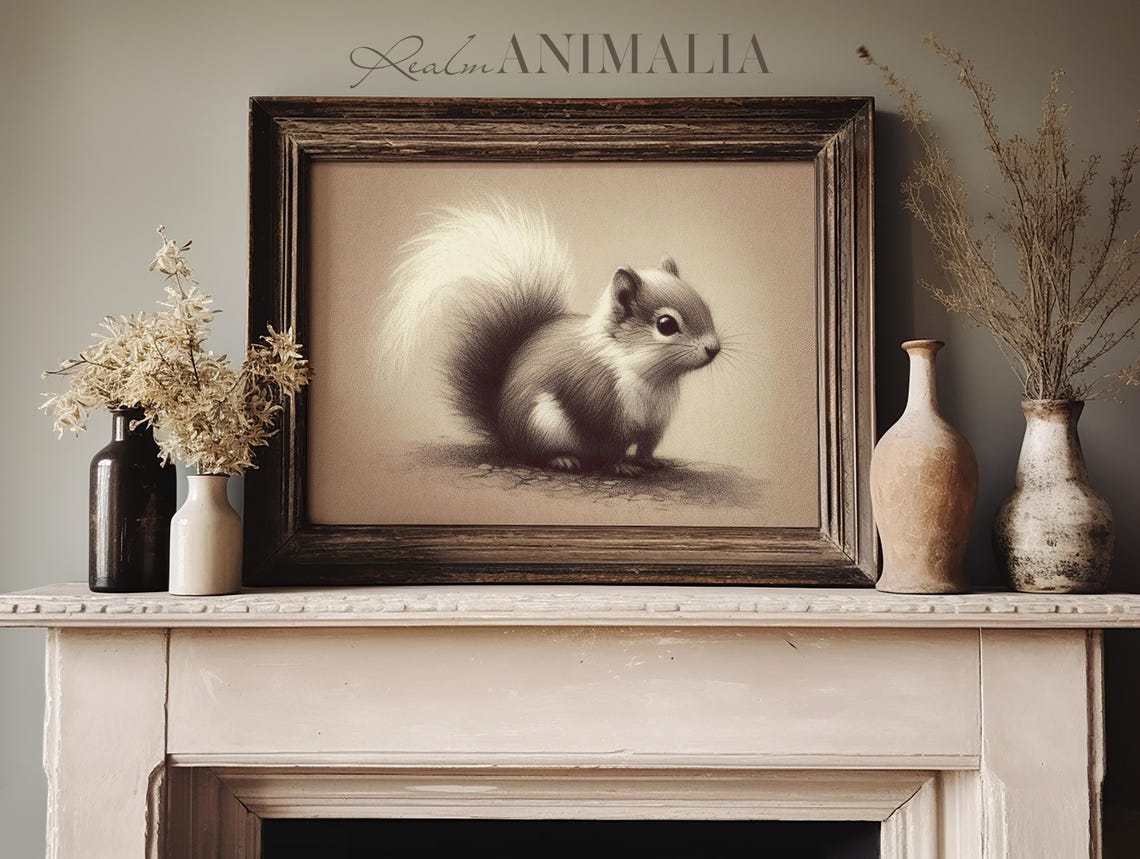 Baby Squirrel Charcoal Sketch On Neutral Beige Vintage Animal Poster - Image 3