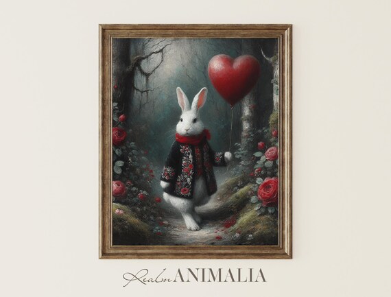 White Rabbit Valentines Day Art Print Whimsical Animal Wall Art Moody Romantic Fairytale Painting Storybook Bunny Art V004