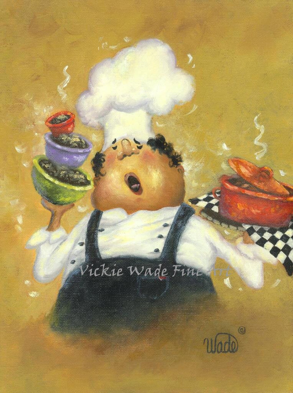 Jolly Singing Chef Balancing a Stack of Steaming Bowls Poster