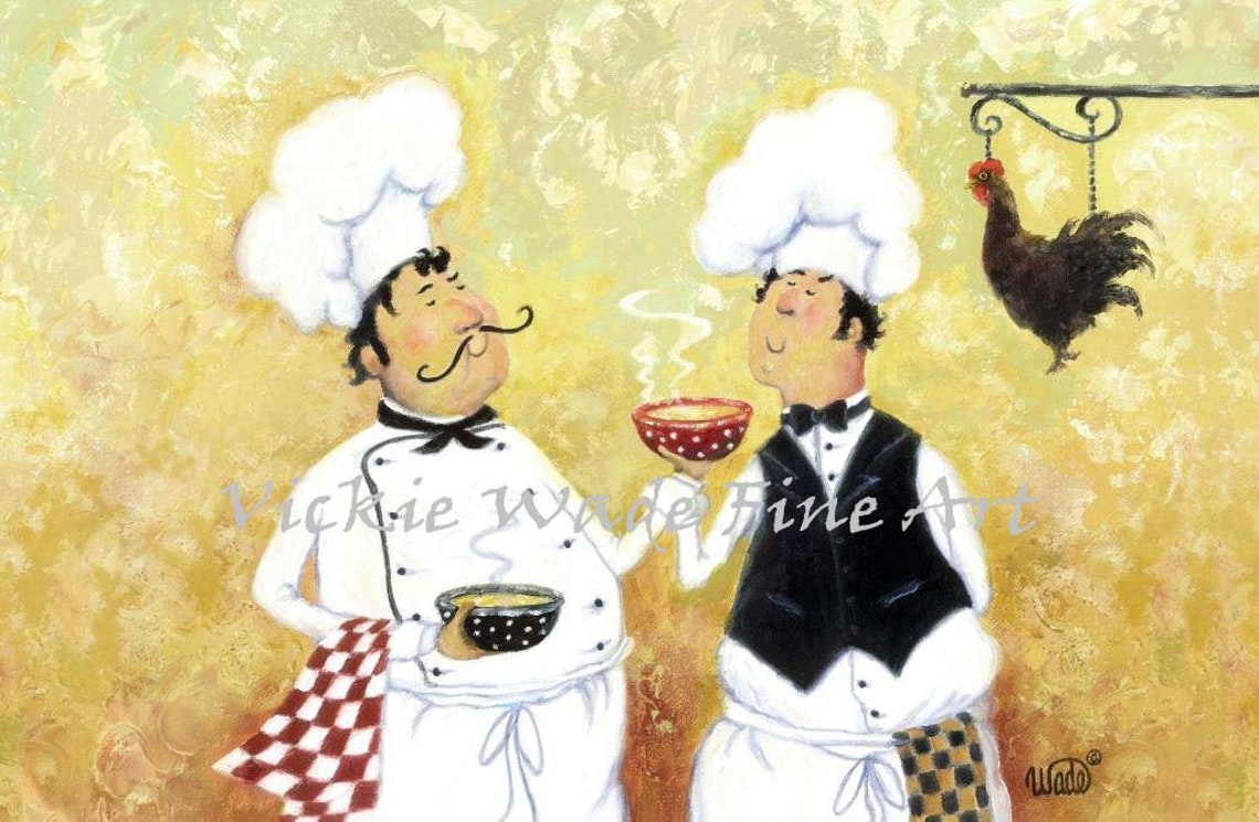 Two Jolly Fat Chefs Tasting Steaming Bowls of Chicken Soup Poster