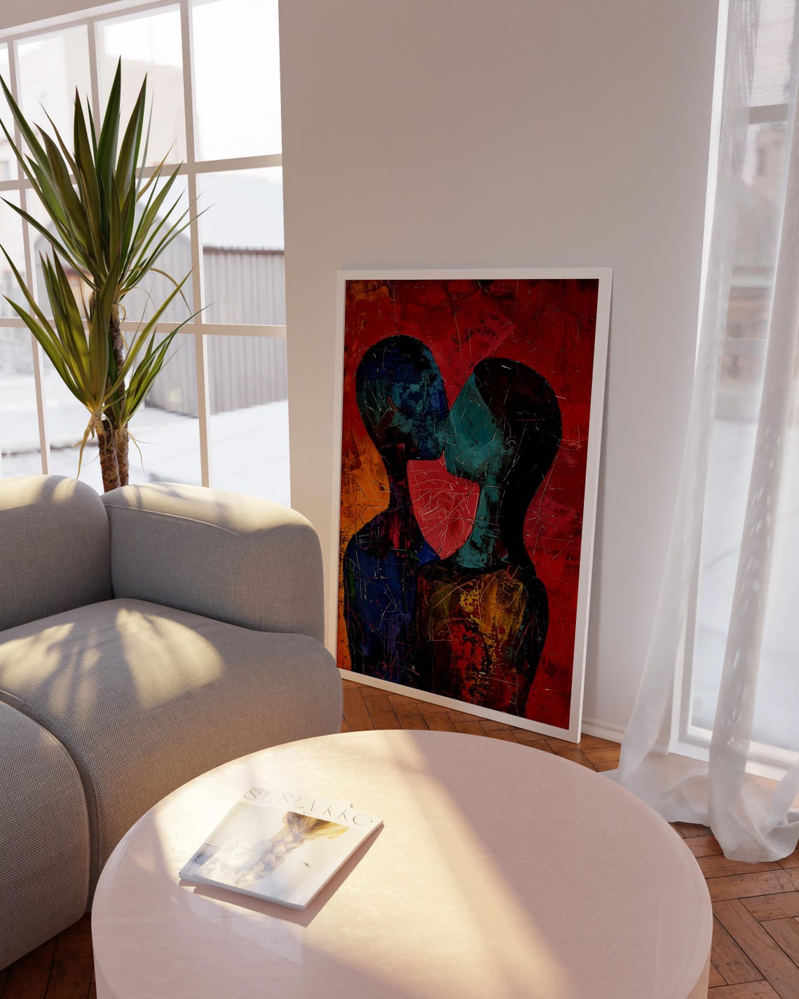 Romantic Abstract Couple Kiss Red Background Modern Art Poster