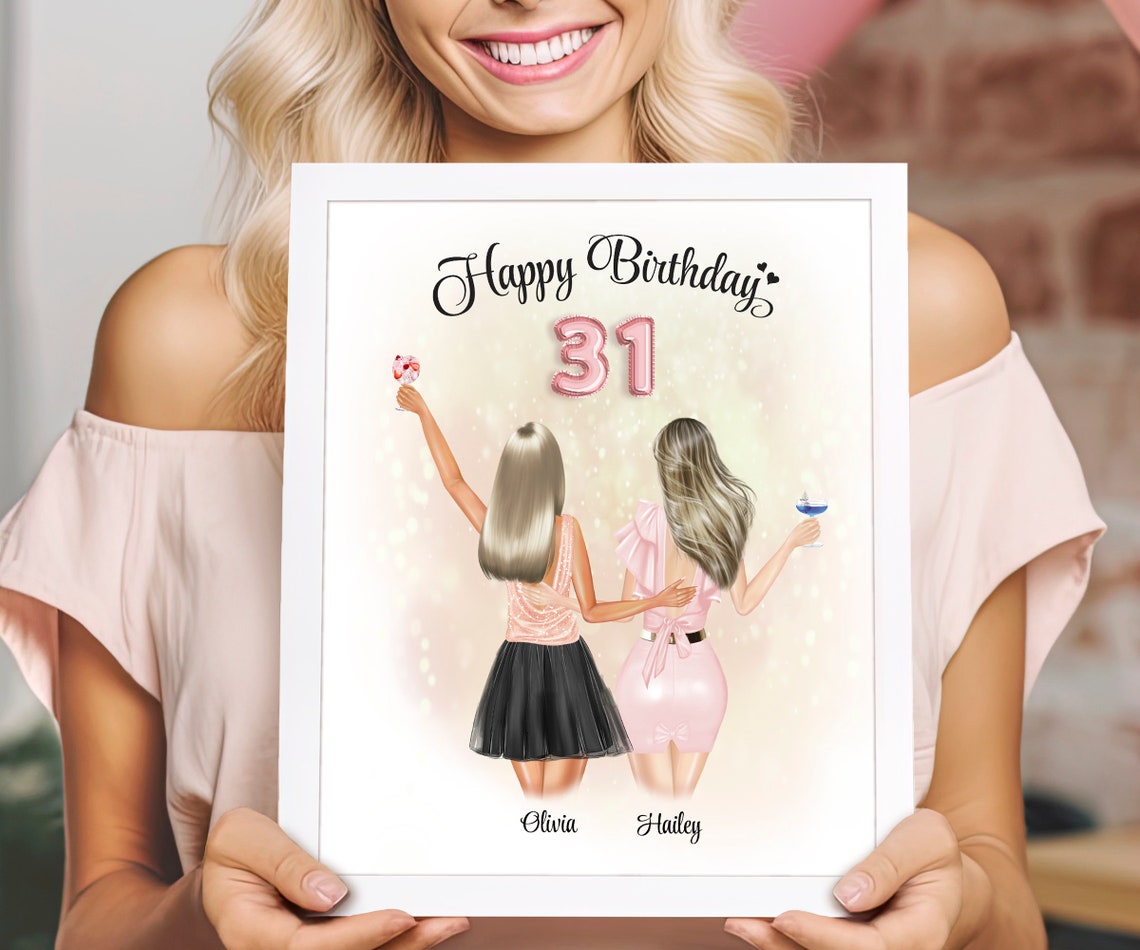 Custom 31st Birthday Poster Two Best Friends in Pink Raising Toasts