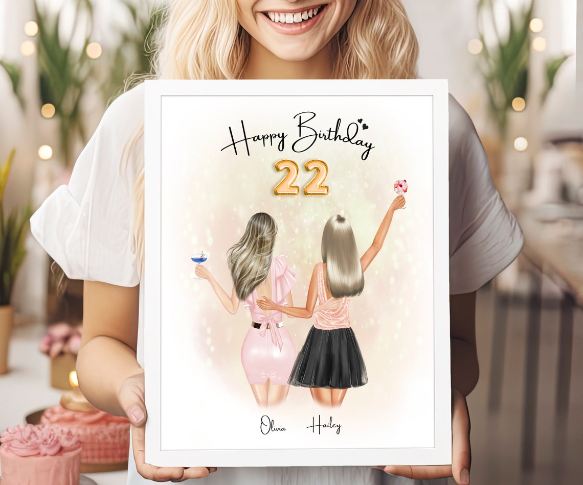 Custom 22nd Birthday Poster Two Best Friends in Party Dresses Toasting