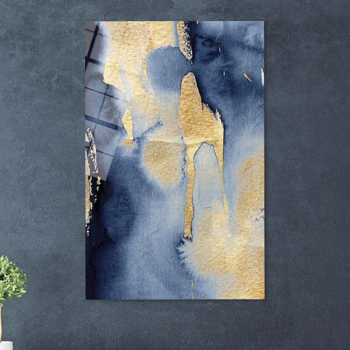 Navy Blue and Gold Abstract Watercolor Shimmering Metallic Art Poster