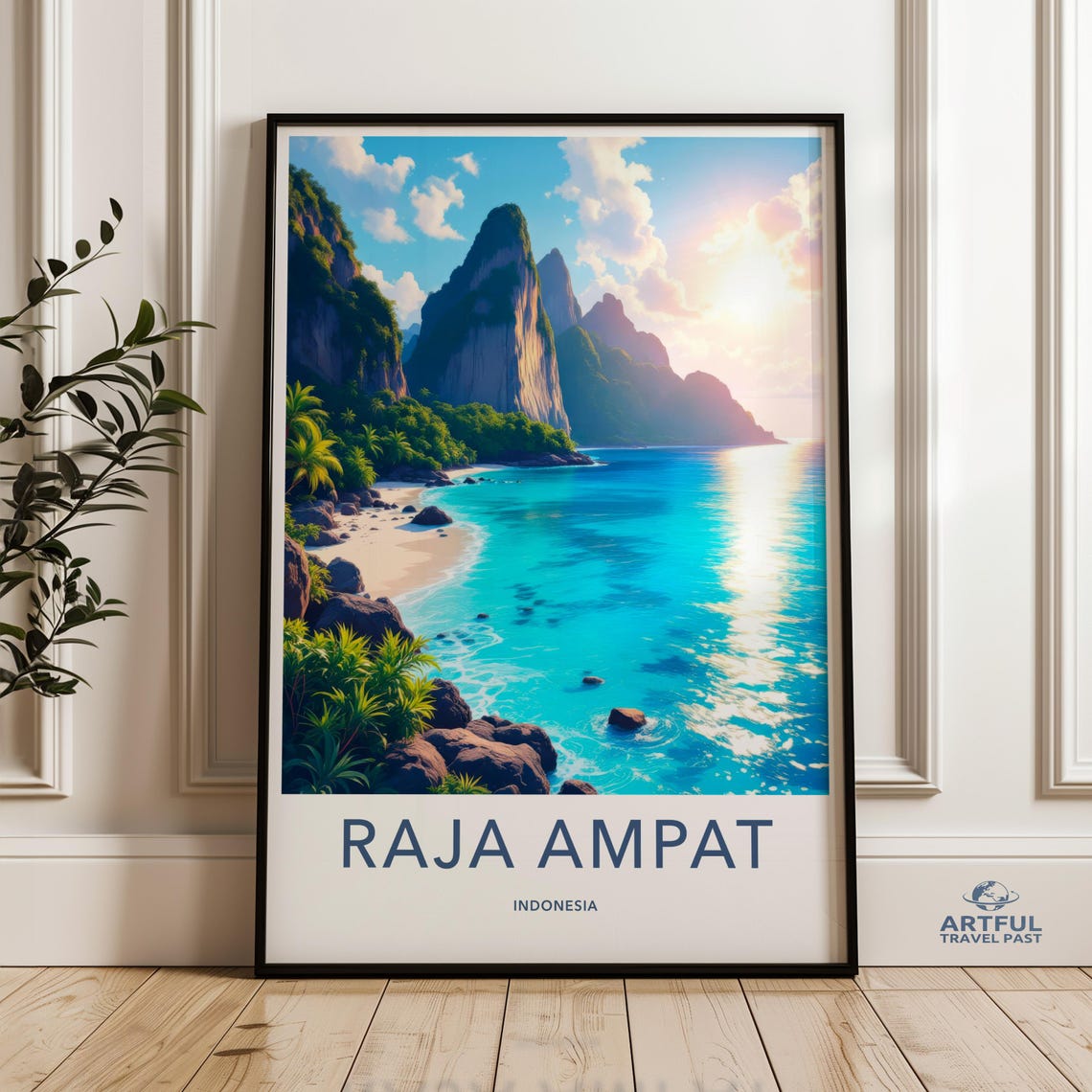 Raja Ampat Indonesia Turquoise Beach Karst Cliffs Sunset Poster