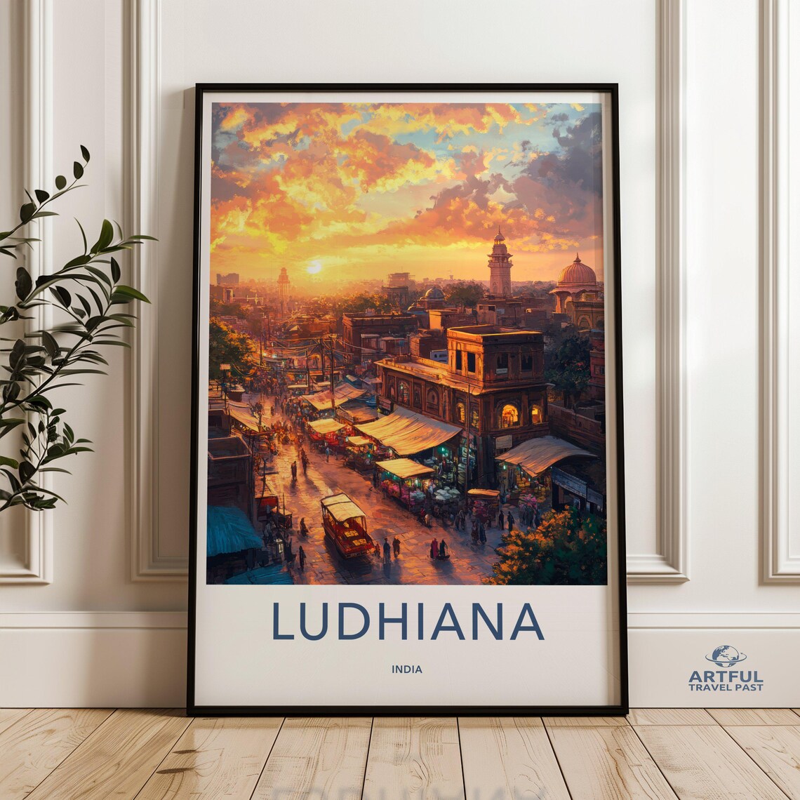 Ludhiana India Sunset Market Street Golden Vintage Travel Poster
