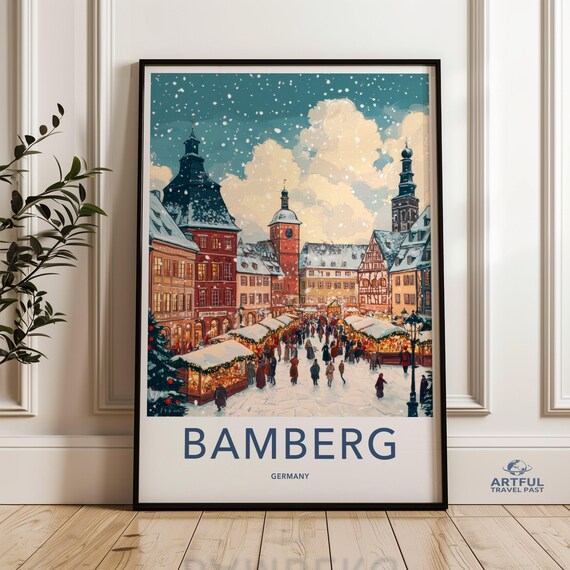 Bamberg Germany Christmas Market Winter Night Vintage Travel Poster