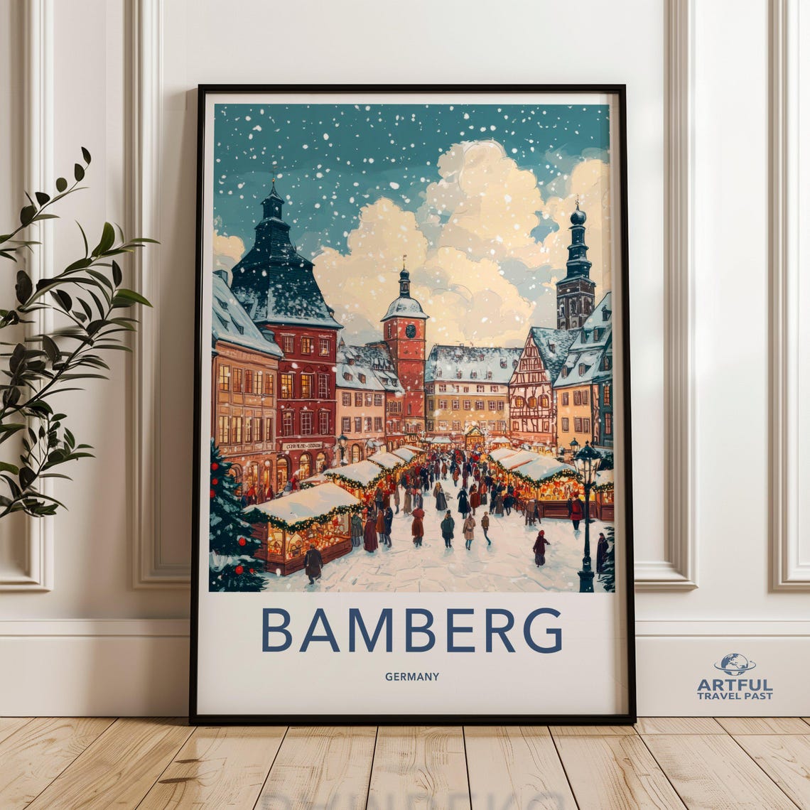 Bamberg Germany Christmas Market Winter Night Vintage Travel Poster
