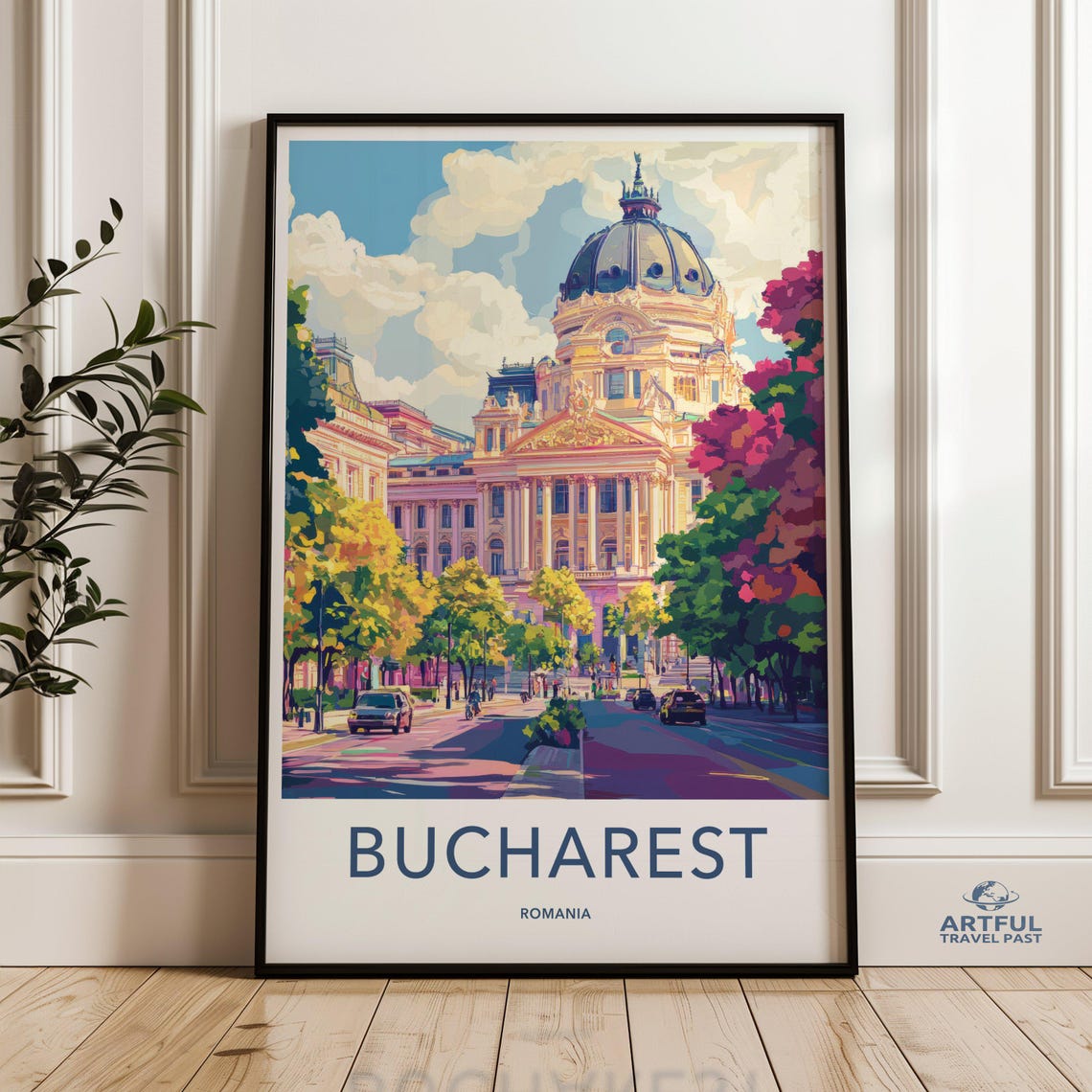 Bucharest Romania Grand Domed Historic Building Avenue Travel Poster