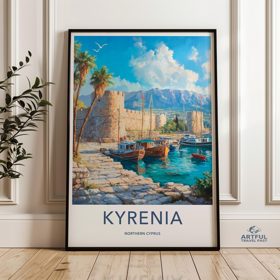 Kyrenia Northern Cyprus Travel Poster Old Harbor Castle Scene