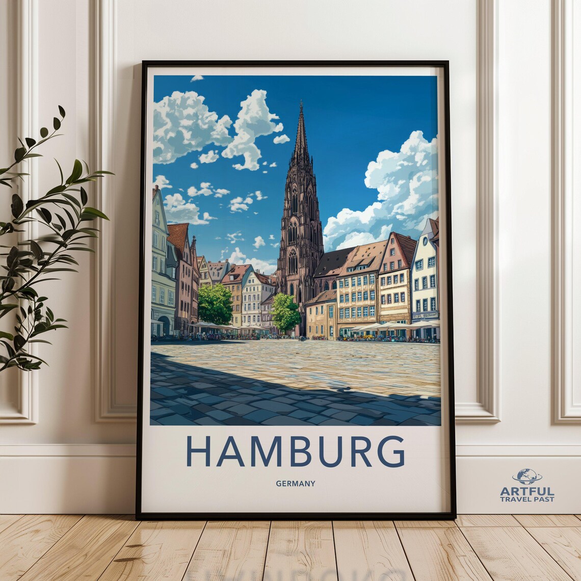 Hamburg Germany Historic Old Town Square Tower Travel Poster
