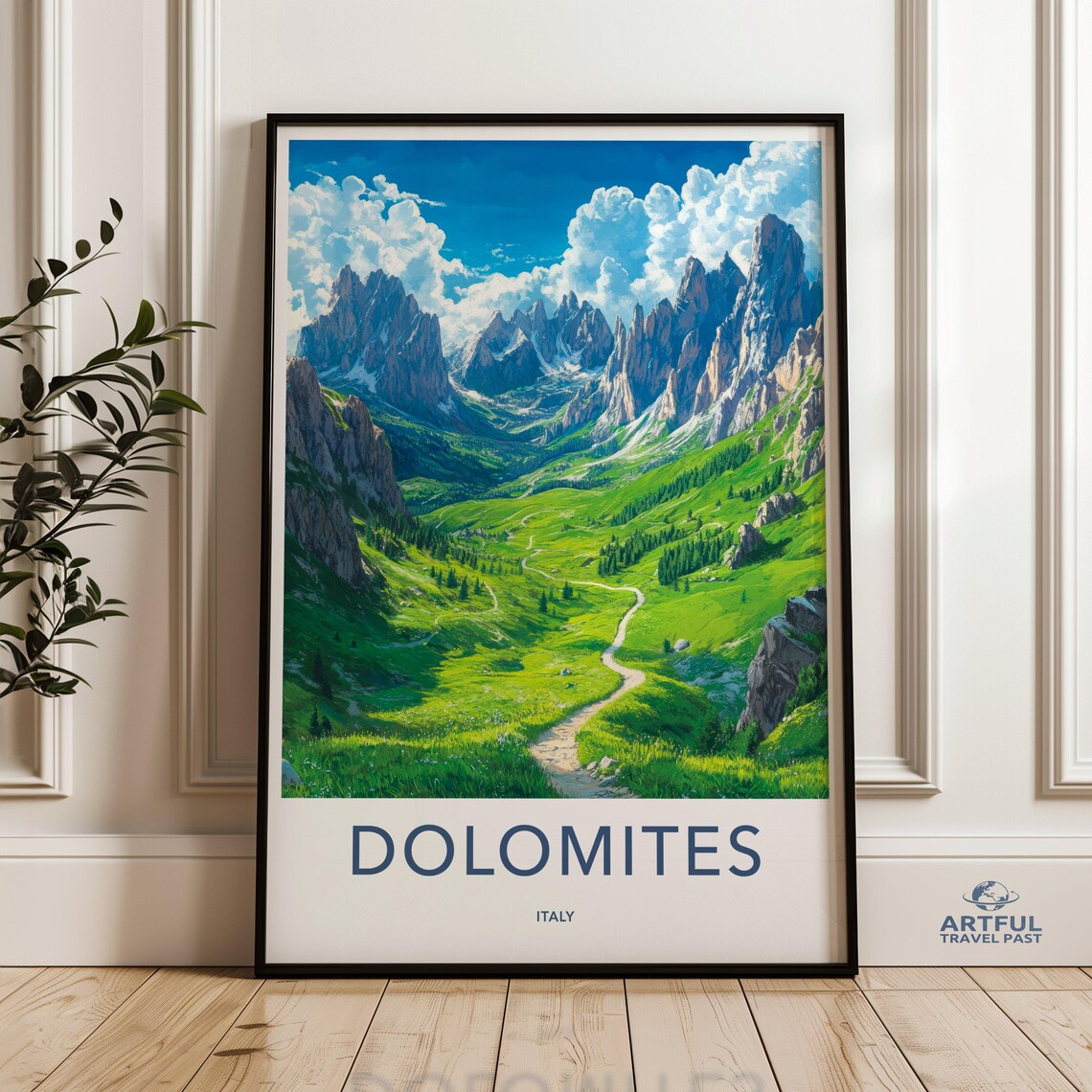 Dolomites Italy Mountain Valley Hiking Trail Vintage Travel Poster