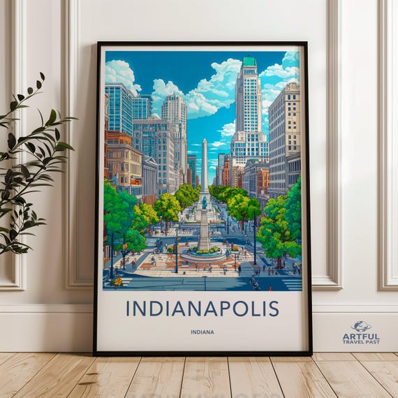 Indianapolis Wall Art Indiana Cityscape Print Monument Circle Artwork Downtown Scene Poster Urban Landscape Painting Travel Decor Home