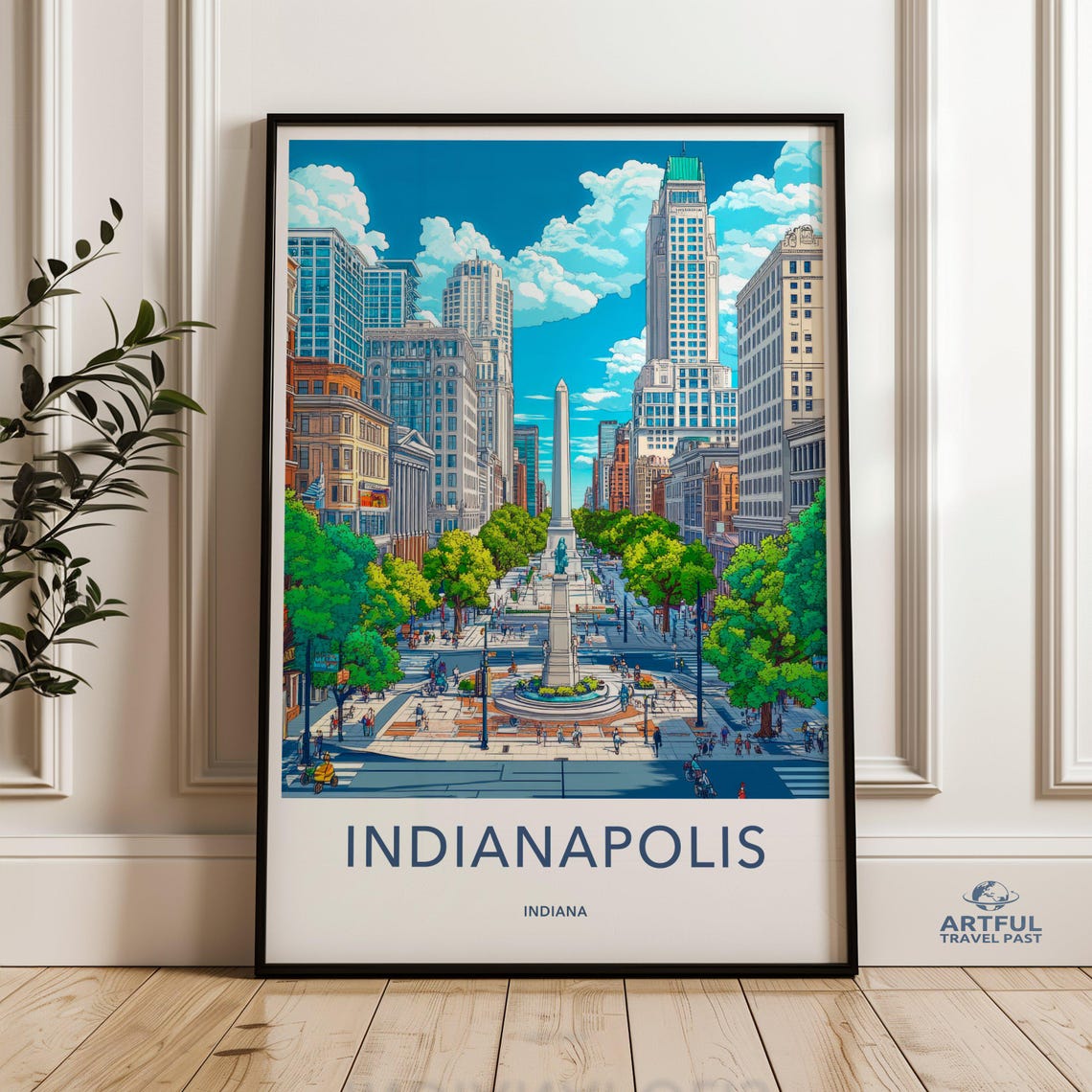 Indianapolis Indiana Monument Circle Skyline Vintage Travel Poster