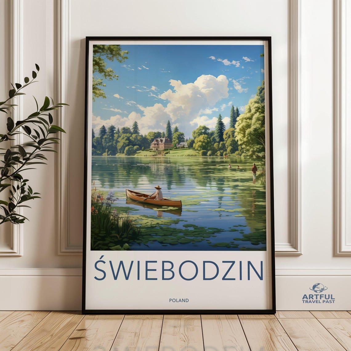 Swiebodzin Poland Lake Canoe Travel Poster Countryside Morning Art