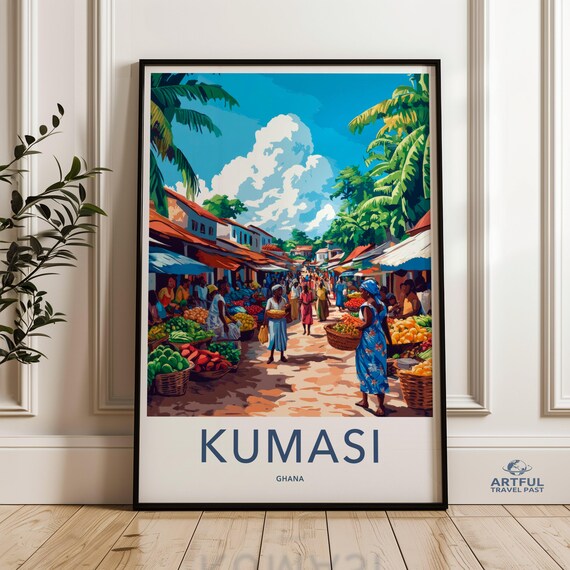 Kumasi Ghana Bustling Market Street Colorful African Illustration Poster
