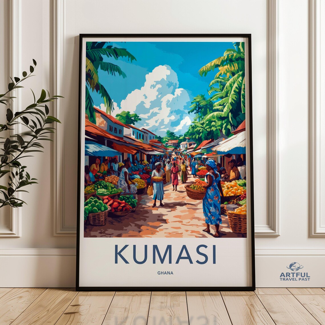 Kumasi Ghana Bustling Market Street Colorful African Illustration Poster