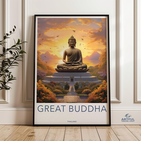 Great Buddha Wall Art Sunset Over Thai Temple Spiritual Decor Tranquil Meditation Serene Landscape Zen Home