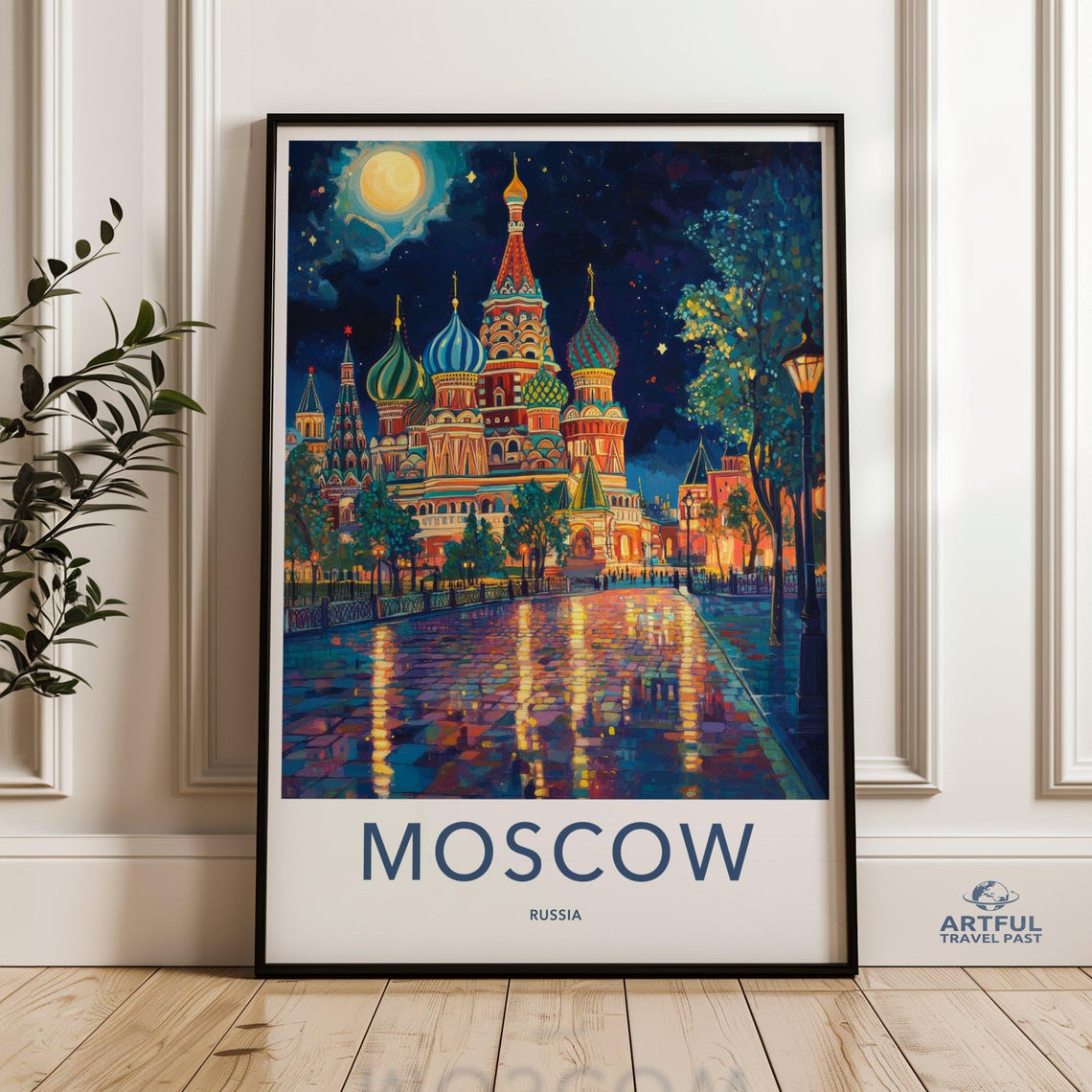 Moscow Russia Saint Basils Cathedral Night Moon Travel Poster