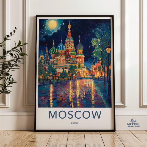 Moscow Wall Art Russia Cityscape Print Colorful Night Scene St Basils Cathedral Artwork Home Decor Travel Poster