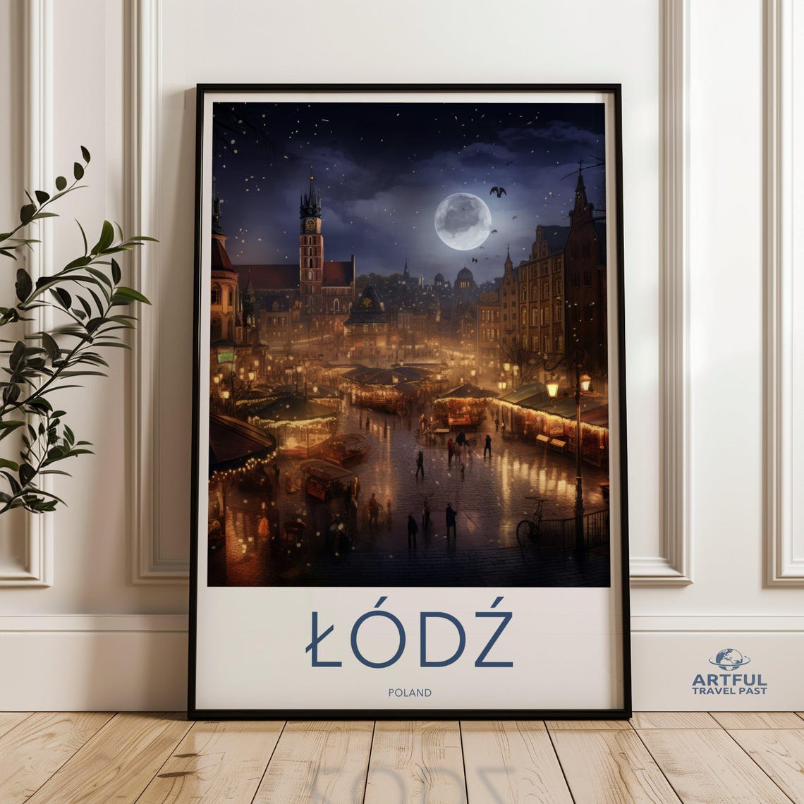 Lodz Poland Night Market Square Full Moon Old Town Travel Poster