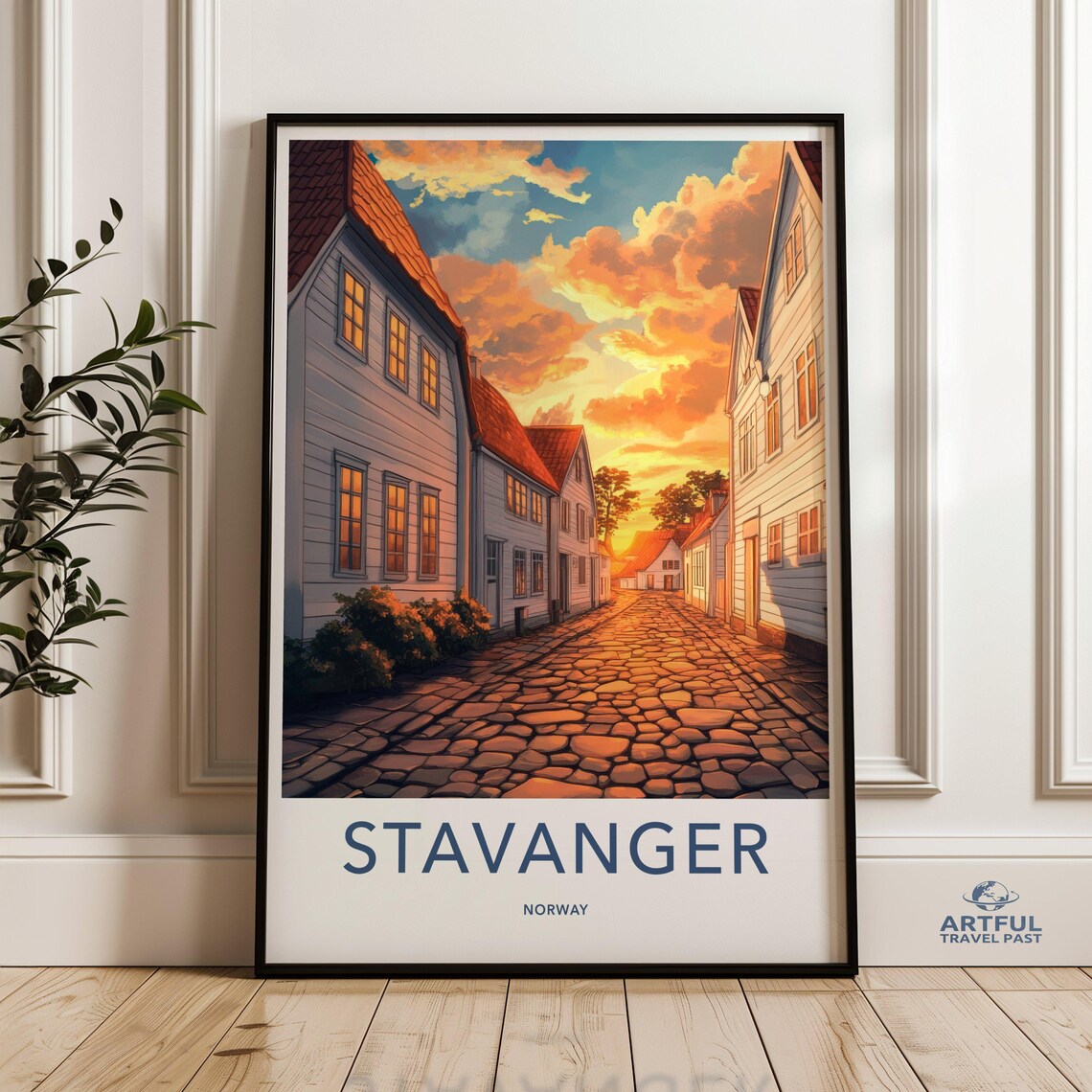 Stavanger Norway Cobblestone Street Sunset Wooden Houses Poster