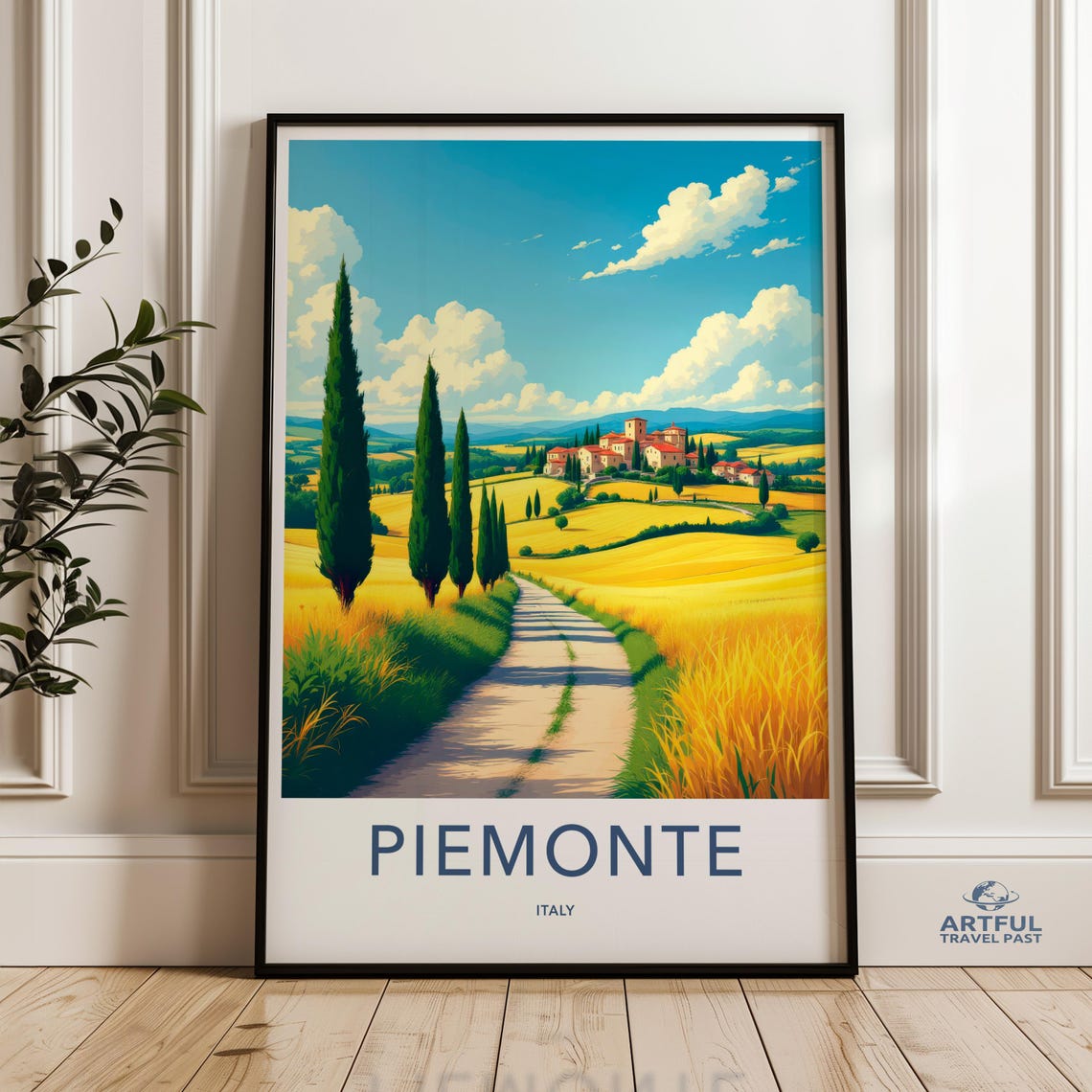 Piemonte Italy Cypress Fields Hilltop Village Vintage Travel Poster