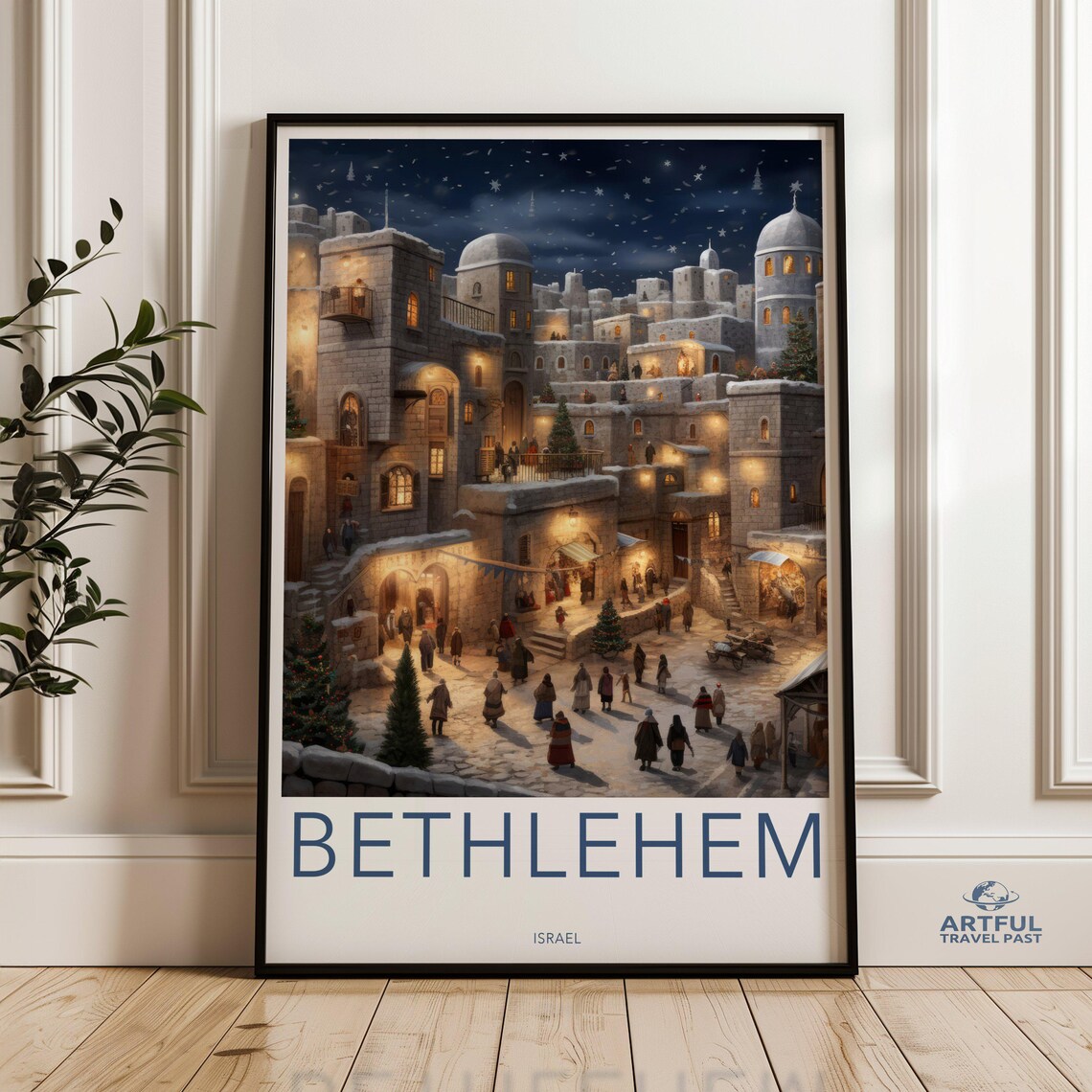 Bethlehem Christmas Night Snowy Old Town Starry Sky Holiday Travel Poster