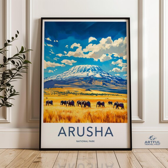 Arusha National Park Elephants Before Mountain Vintage Travel Poster