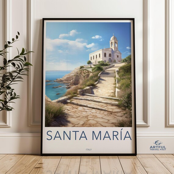 Santa Maria Italy Coastal Church Seaside Cliff Path Travel Poster