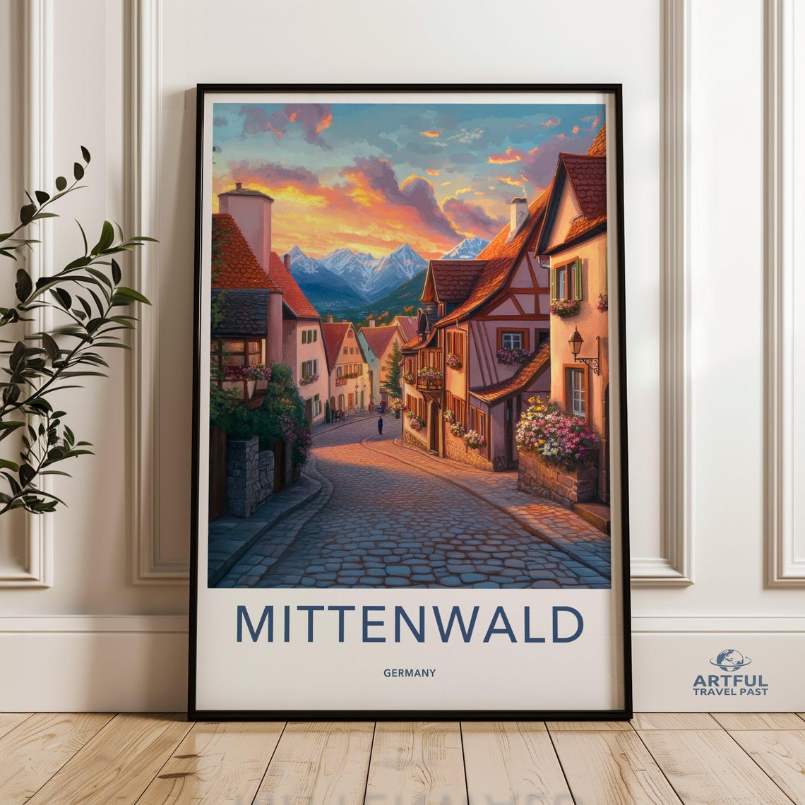 Mittenwald Germany Travel Poster Alpine Village Sunset Street Scene