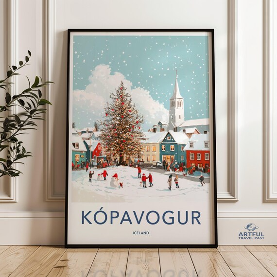 Kopavogur Iceland Christmas Snow Town Holiday Travel Poster Decor